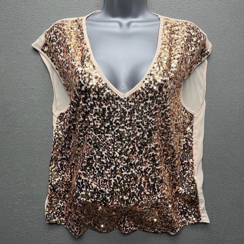 New York & Company Women Top Gold Sequin V-Neck Sleeveless Medium Glam Party